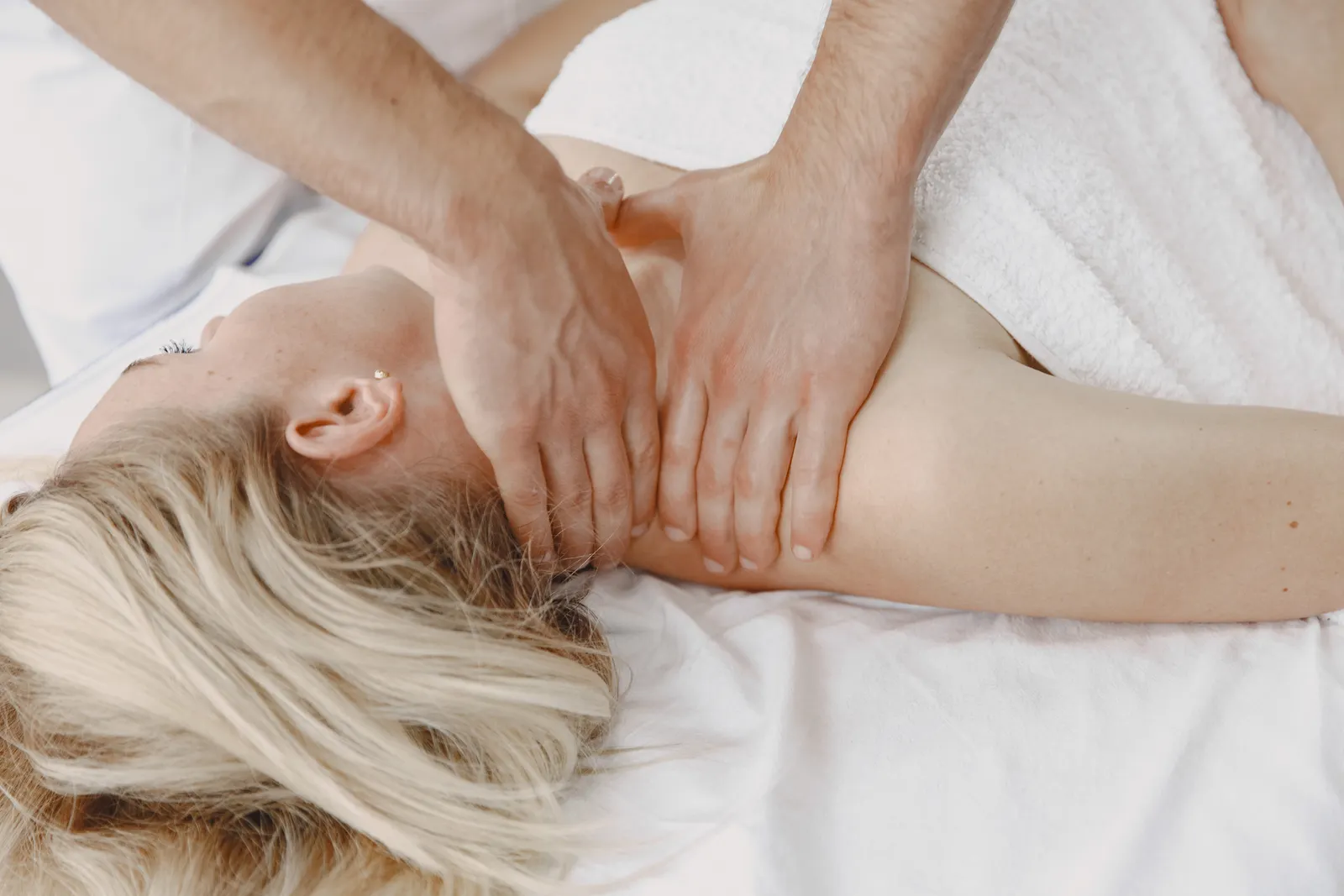 Calming shoulder and neck massage with careful, focused attention